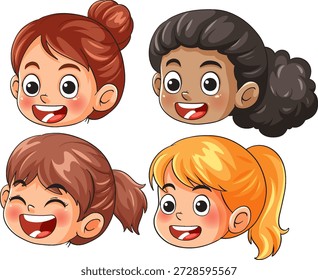 Ilustración vectorial de cuatro caras alegres de las muchachas diversos peinados, colores brillantes, estilo de la historieta