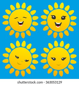 Vector illustration. Four cheerful sun on a blue background