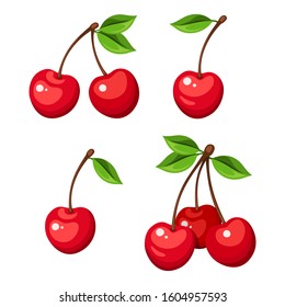 Vector illustration of four cherry berries and bunches of cherry isolated on a white background.