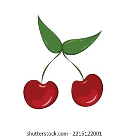 Vector illustration of four cherry berries and bunches of cherry isolated on a white background. Cherry icon, vector fruit illustration, fresh healthy sweet cherries pictogram isolated on white