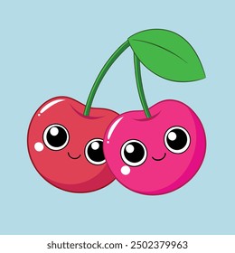 Vector illustration of four cherry berries and bunches of cherry isolated 

