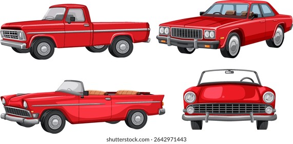 Vector illustration of four classic red cars, showcasing vintage design and vibrant colors with detailed elements and clean lines