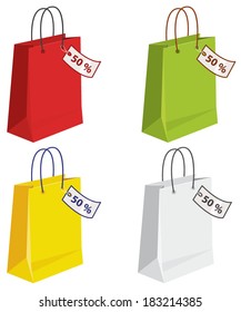 Vector illustration of four colored bags with discount tags
