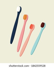 Vector illustration of four colored toothbrushes in blue, pink, and sky-blue color. Hand-drawn illustration of dental care tools. Colorful zero waste tooth tools. Trendy set for web and print design.