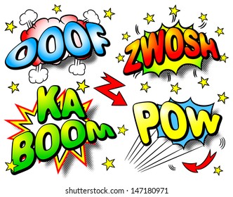 vector illustration of four colorful effect bubbles with ooof, zwosh, ka boom, pow