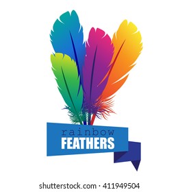 vector illustration of four colorful feathers with origami banner. EPS