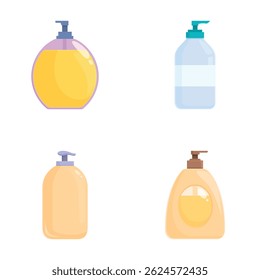 Vector illustration of four colorful liquid soap dispensers in a flat style