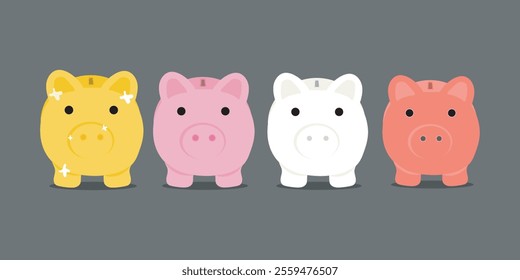 Vector illustration of four colorful piggy banks in yellow, pink, white, and red. Perfect for finance, saving money concepts, budgeting, or financial design projects 