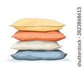 A vector illustration of four colorful pillows stacked on top of each other showing soft cushions in yellow orange grey and blue isolated on a white background