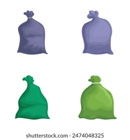 Vektorillustration von vier bunten Mülltüten in lila und grünen Farbtönen, isoliert auf Weiß