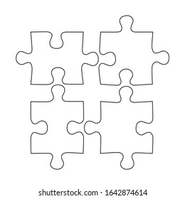 Vector illustration of four connectable black line puzzle pieces isolated on white background. Concept design for teamwork, education or finding a solution of the problem