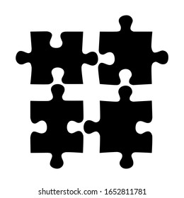 Vector illustration of four connectable black puzzle pieces isolated on white background. Concept design for teamwork, education or finding a solution of the problem