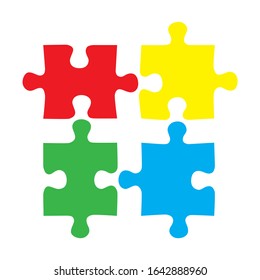 Vector illustration of four connectable colorful puzzle pieces isolated on white background. Concept design for working process between different people, teamwork or finding a solution of the problem