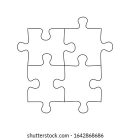 Vector illustration of four connected black line puzzle pieces isolated on white background. Concept design for teamwork, education or finding a solution of the problem