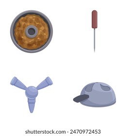 Ilustración vectorial de cuatro iconos de construcción, incluyendo una broca, clavo, llave y casco de seguridad