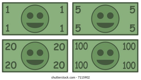 A vector illustration of four currency notes in increments of 1, 5, 20 and 100