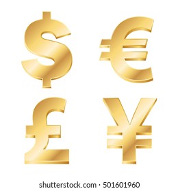 vector illustration of four currency signs in gold. EPS