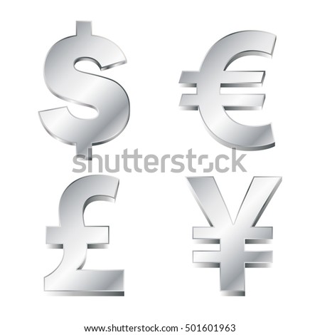 vector illustration of four currency signs in silver. EPS