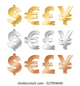 vector illustration of four currency sings in gold, silver and bronze. EPS