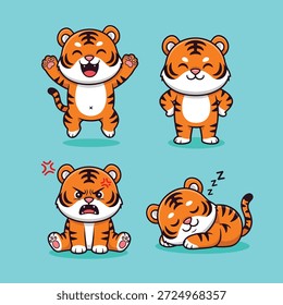 Ilustración vectorial de cuatro lindos cachorros de tigre de dibujos animados que muestran diferentes emociones feliz enojado durmiendo y de pie