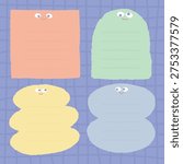 Vector illustration of four cute, colorful note templates with smiling faces. Includes pink, green, yellow, and blue shapes on a red background.