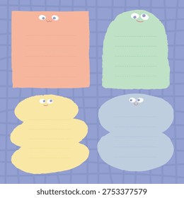 Vector illustration of four cute, colorful note templates with smiling faces. Includes pink, green, yellow, and blue shapes on a red background.