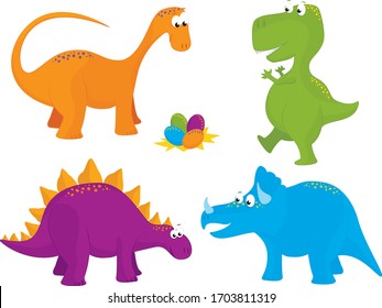A vector illustration of four cute dinosaur cartoon characters and a nest of colorful eggs isolated on a white background