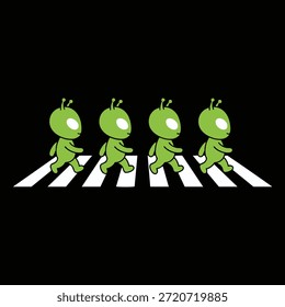 Ilustración vectorial de cuatro lindos extraterrestres de dibujos animados verdes caminando a través de un cruce de cebra blanca sobre un fondo negro. Un divertido concepto de parodia de ciencia ficción.