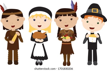 A vector illustration of four cute isolated cartoon Pilgrims and Native American Indians holding items of food to celebrate the first Thanksgiving