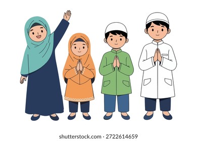 Vektorgrafik von vier süßen muslimischen Kindern, die Hidschab und Peci-Mütze tragen, Hände winken und einen freundlichen Gruß aussprechen.