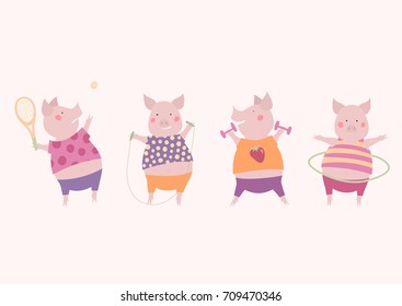 Vector illustration of four cute pigs getting fun with an active lifestyle