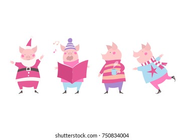 Vector illustration of four cute pigs getting fun at Christmas time. Winter holidays greeting card.