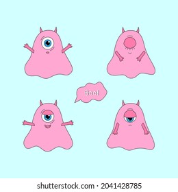 Vector illustration of four cute pink baby monsters with different emotions on a blue background