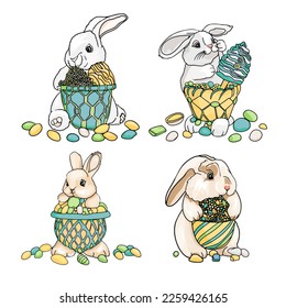 Vector illustration of four cute rabbits with different sweet candies. Easter bunnies. Isolated on white background. For printing packaging, cards, designers, clothes, interior, icon, logo