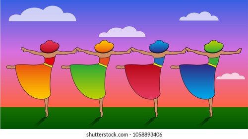 Vector illustration of four dancing girls on a green field, with morning sky and clouds in the background