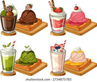 Vector illustration of four dessert pairings including milkshakes and ice cream topped waffles on boards