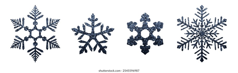 Ilustração vetorial de quatro flocos de neve detalhados de brilho azul sobre fundo branco, ideal para o inverno e temas festivos.