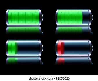 Vector illustration of four detailed glossy battery level indicator icons on black reflective background