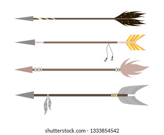 Vector illustration of four different beautiful arrows with different tips and plumage and decorations.