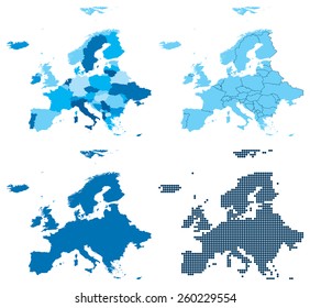 Vector illustration of four different blue maps of Europe. Global colors used. 