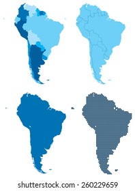 Vector illustration of four different blue maps of South America. Global colors used. 