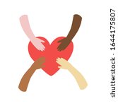 Vector illustration of four different color and nationality hands holding the one red heart. Peace, love not war concept. friendship around world