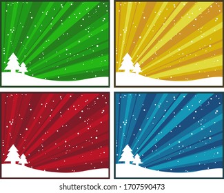 A vector illustration of four different color options of a winter scene of two pine trees in silhouette against a colorful sky with rays of light and snow