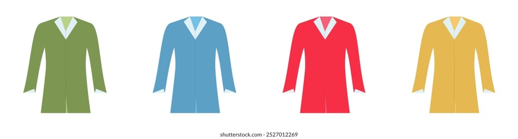 Vector illustration of four different colored long coats, perfect for fashion, apparel, and clothing design.