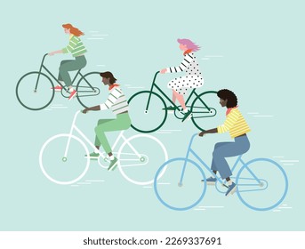 vector illustration of four different girls ride bicycles on a blue background