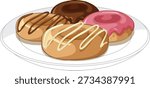 Vector illustration of four different glazed donuts arranged on a simple white plate background
