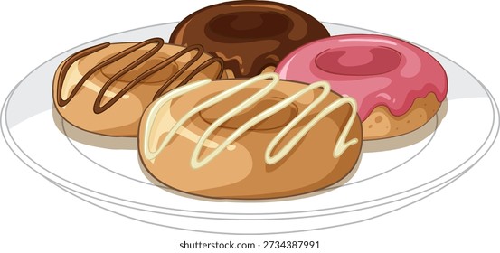 Vektorgrafik von vier verschiedenen glasierten Donuts auf einfachem weißem Plattenhintergrund