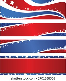 A vector illustration of four different patriotic banners with red, white and blue swirls and stars