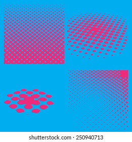 Vector illustration with four different pink halftone patterns, illustration. Blue background 