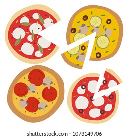 Vector illustration of Four different Pizzas. Cute Pizza set illustration.